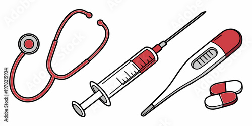 Medical illustration featuring a stethoscope syringe thermometer pair of capsules stethoscope thermometer capsules healthcare hospital treatment medicine pharmacy injection