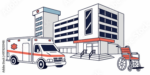 Modern hospital building exterior with ambulance and wheelchair medical center emergency room medical services care facility health services hospital entrance patient transport