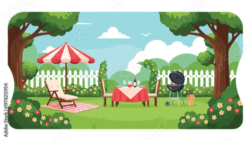Serene backyard garden is prepared for a delicious barbecue dinner featuring a set table, grill, and comfortable lounger.