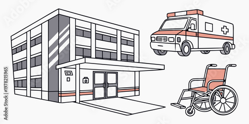 Hospital building facade with ambulance and wheelchair medical center emergency room medical services care facility health services hospital entrance patient transport first aid