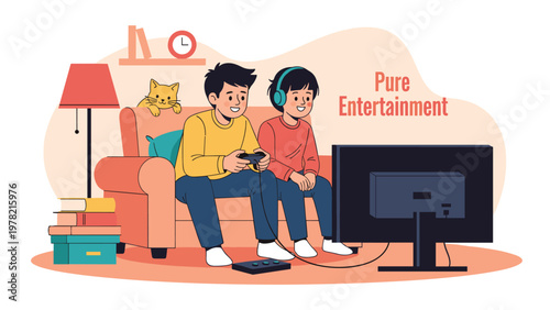 Two young brothers sit on a cozy sofa and enjoy playing video games on a television in their colorful and toy-filled room.