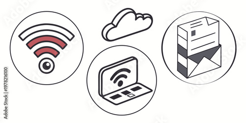 Circular graphics with wi fi signal cloud laptop email stack graphic resource technology internet communication connection wireless illustration information business software