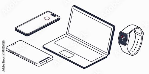 Collection of digital devices including smartphone laptop smartwatch with indicators smartphone smartwatch technology electronic computer wearable portable connectivity
