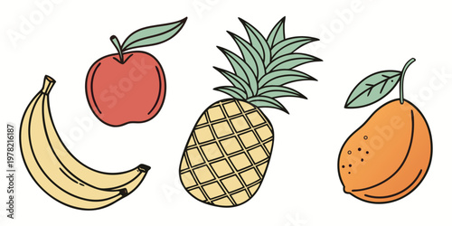 Colorful illustration of fruits apple banana pineapple orange with line art illustration pineapple tropical refreshment preparation clip art isolated painting stylized