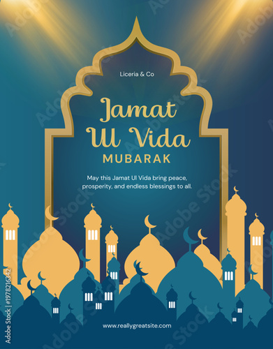 Vector illustration of a mosque with city buildings and dome silhouette background