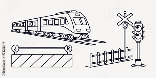 Modern train on railroad tracks with crossing signals and barrier outline illustration passenger train electric train public transport traffic light line art flat design