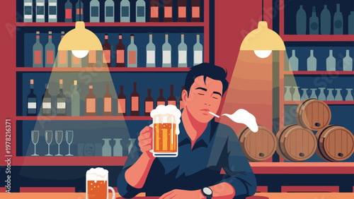 Solitary man sits at a dimly lit bar, enjoying a glass of beer and smoking a cigarette with shelves of bottles behind him.