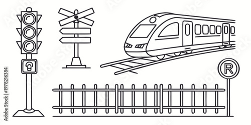 Train approaching railroad crossing with traffic signals signpost fence outline illustration passenger train public transport traffic light line art flat design road sign