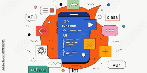 Mobile application development and coding interface concept graphic with development programming application software interface technology developer function creative computer