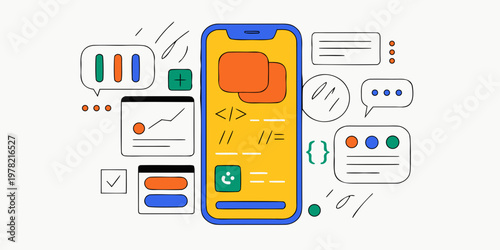 Mobile app interface design and software development elements with interface software development smartphone technology programming developer business communication platform