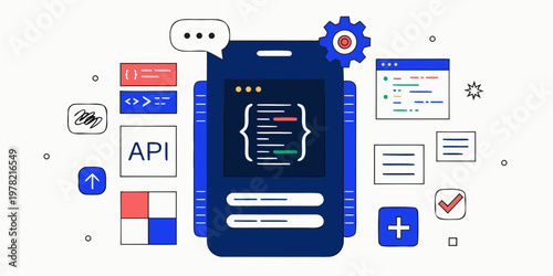 Software development backend coding and api integration concept with software development programming interface technology developer smartphone integration computer engineering