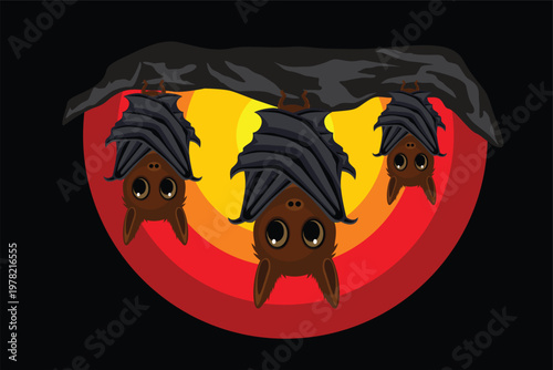 Cute cartoon bats hanging upside down in a cave, sleeping peacefully against a warm sunset gradient background.
