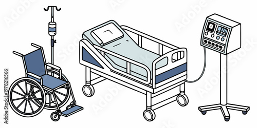 Isometric view of essential hospital medical equipment including a modern adjustable patient bed, a wheelchair with an iv drip stand, and a crucial life support ventilator machine