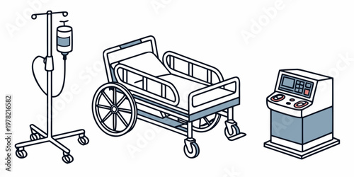 Isometric view of essential hospital medical equipment including a portable iv drip stand, a medical patient cot bed with side rails, and a complex diagnostic or therapeutic machine
