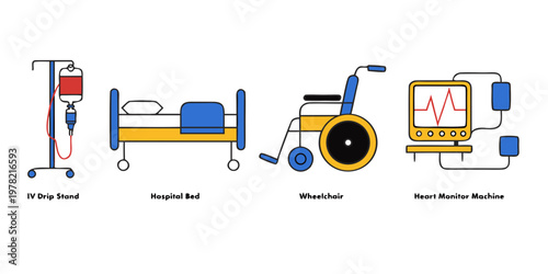 Flat design illustration of essential hospital medical equipment with labels an iv drip stand a patient hospital bed a wheelchair a heart monitor machine with ecg display, iv drip