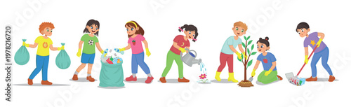 Cartoon vector set of children doing eco activities: cleaning trash, recycling waste, planting trees and watering plants. Cute kids in gloves help the environment, isolated on white background.