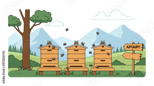 Rows of wooden beehives sit peacefully in a lush mountain meadow as honeybees buzz around their apiary under a clear sky.