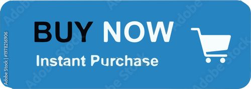Blue buy now button with instant purchase text and a shopping cart icon for online shopping.