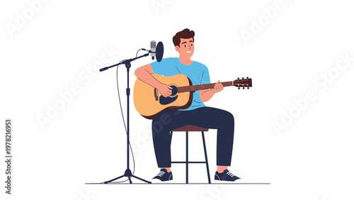 Passionate male musician sits on a stool and plays acoustic guitar while singing into a microphone in a simple studio.