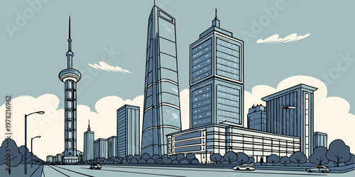 Modern city skyline illustration featuring skyscrapers and a tall communication tower skyscraper building architecture metropolis downtown landscape business district corporate