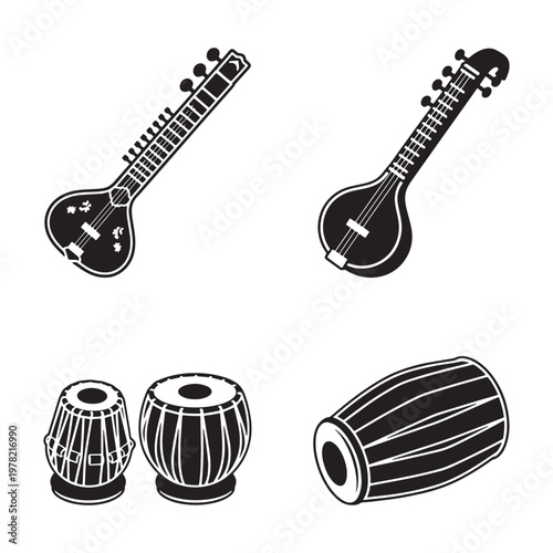 Music instruments guitar tabla drum traditional icon set