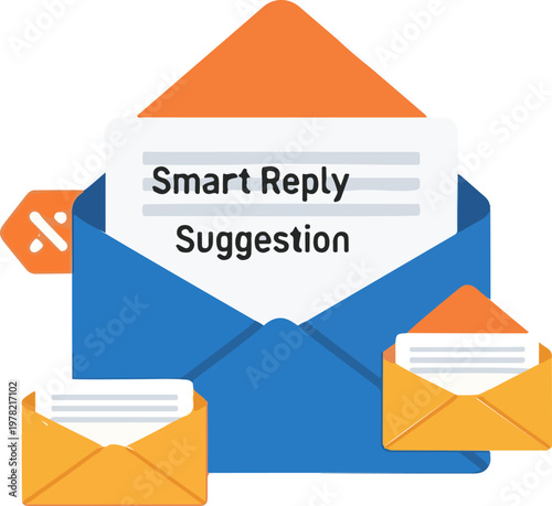 Smart reply suggestion feature illustrated by open envelopes showing automated email communication and modern digital messaging software solutions