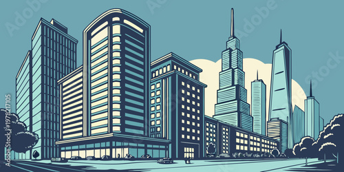 Stylized blue monochrome illustration of a city street with modern skyscrapers and classic architectural towers under a clear sky building skyscraper architecture downtown exterior
