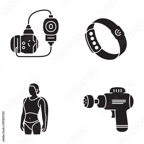 Fitness gadgets smartwatch headphones camera technology icon set