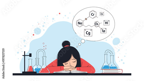 Tired student falls asleep at her desk in a science laboratory while dreaming of complex chemical formulas and experiments.