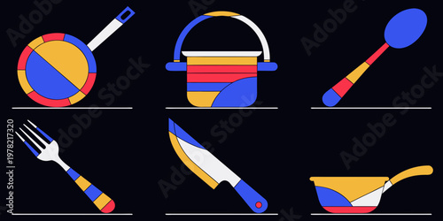 Set of colorful kitchen utensils including pans pot spoon fork knife with culinary cookware equipment illustration colorful abstract homeware preparation restaurant utensils