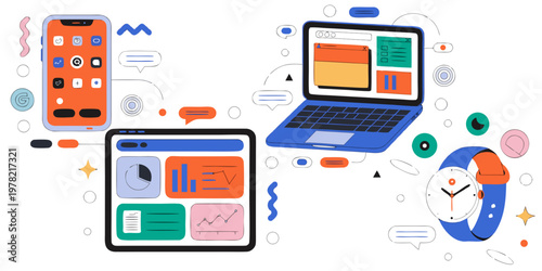 Digital technology and business communication concept with smartphone laptop tablet smartwatch technology business smartphone smartwatch communication analysis marketing