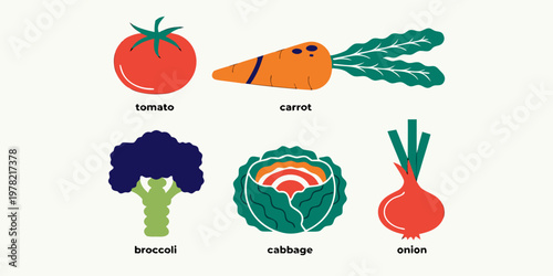 Group of stylized fresh garden vegetable illustrations including tomato carrot broccoli cabbage onion with vegetables broccoli nutrition ingredient agriculture vegetarian colorful