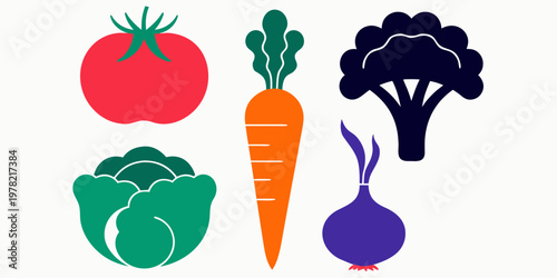 Minimalist graphic set of healthy vegetables including tomato carrot broccoli cabbage onion with vegetables broccoli nutrition ingredient agriculture vegetarian colorful vitamins