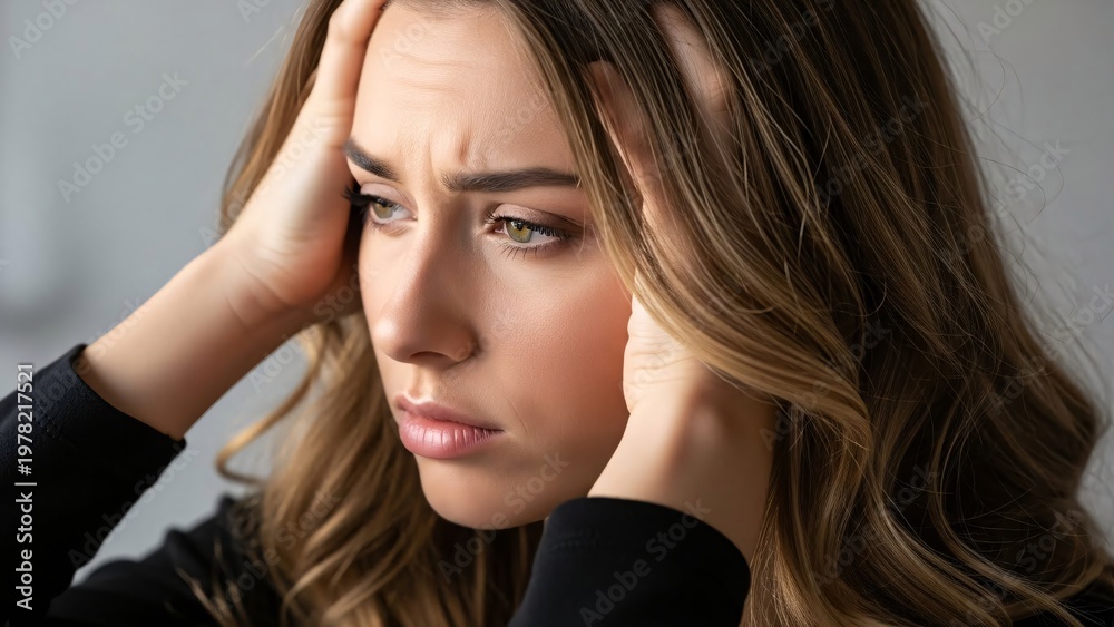 Naklejka premium Close-up of Young Woman with Stressful Expression Holding Head in Frustration and Anxiety, Indoor Setting with Soft Lighting for Mental Health Awareness