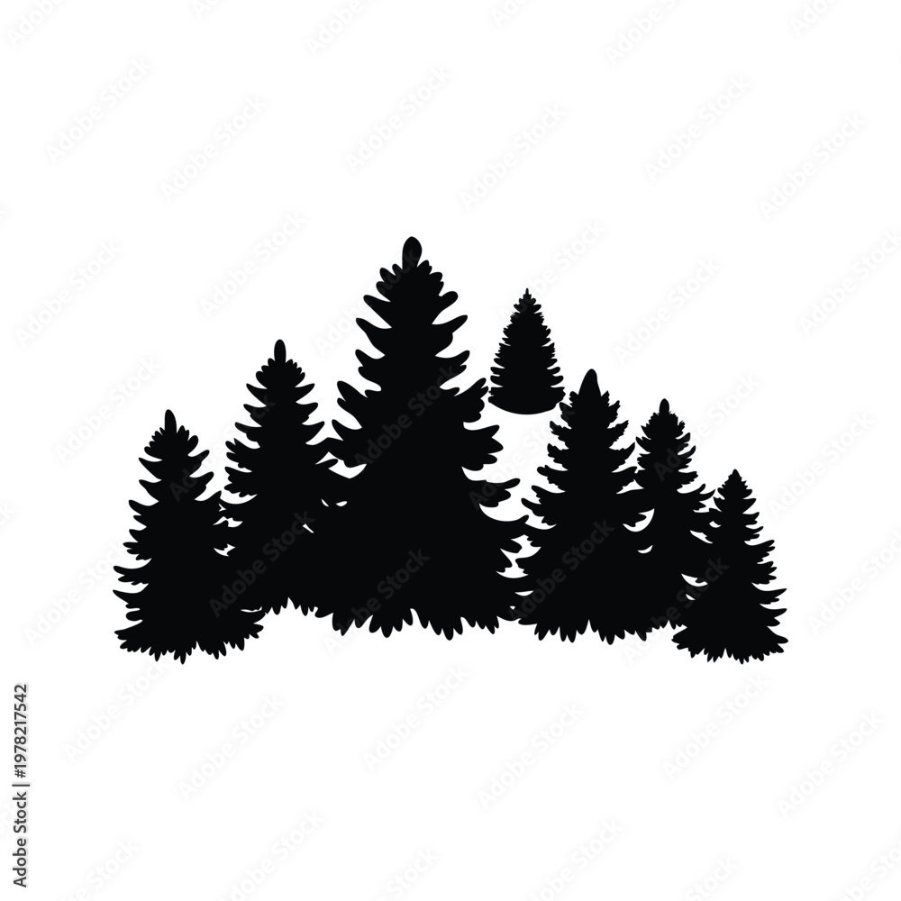 Obraz premium black and white forest trees, beautiful nature scene silhouette vector illustration, forest pine cones silhouette vector illustration