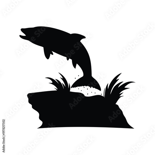 A fish leaping out of the water towards a plant silhouette vector illustration, fish leaping over waterfall silhouette vector illustration
