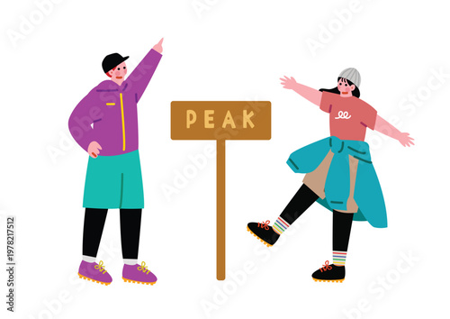 山頂で記念撮影をする男女のイラスト