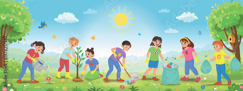 Cartoon vector set of children doing eco activities: cleaning trash, recycling waste, planting trees and watering plants. Cute kids in gloves help the environment.