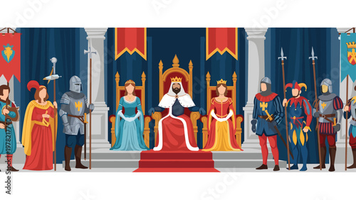 Regal royal court scene features a king and his queens sitting on thrones surrounded by armored guards and court jesters.