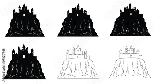 Silhouettes of castles on hills depicted in black and white variations