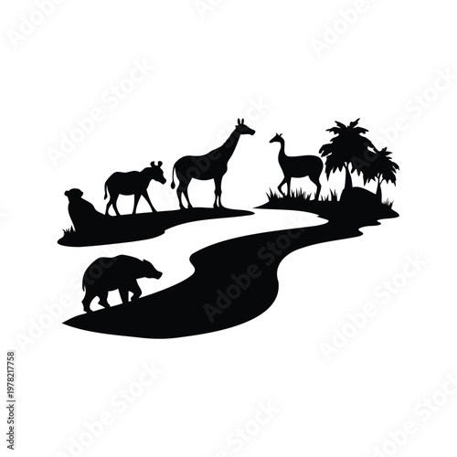 Photography Silhouette of animals at watering hole in a safari landscape vector illustration