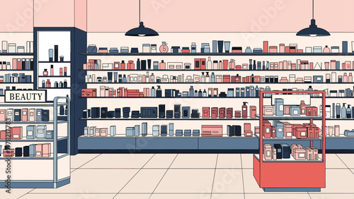Retail store shelves are neatly stocked with a wide variety of beauty products and cosmetic bottles for customers to browse.
