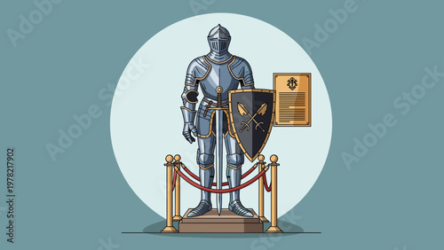 Historical display features a full suit of polished medieval knight armor standing behind protective ropes in a museum.