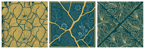 Triptyque 3 Illustrations Motif Kintsugi et Fond de Fleurs Ginkgo Asie Sérénité Couleurs Turquoise et Or Vecteur