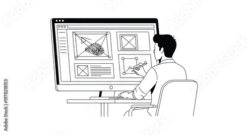 Man viewing complex geometric design on computer screen artistic silhouette