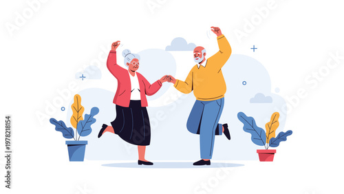 Joyful elderly couple enjoys a moment of happiness while dancing together in a room decorated with musical symbols.