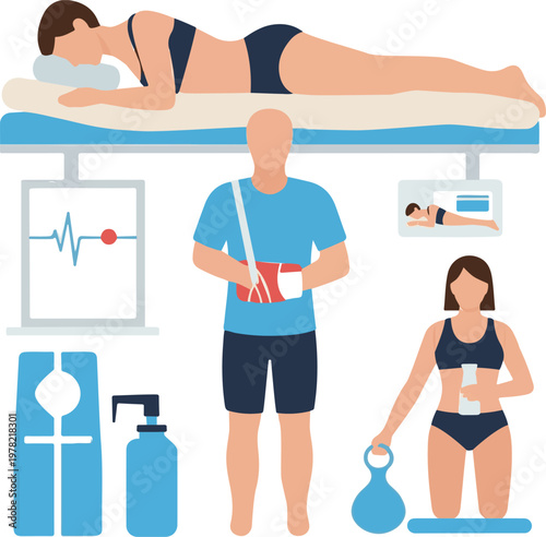 Diverse people engage in healthy physical therapy exercises and medical recovery routines to improve their bodily strength today