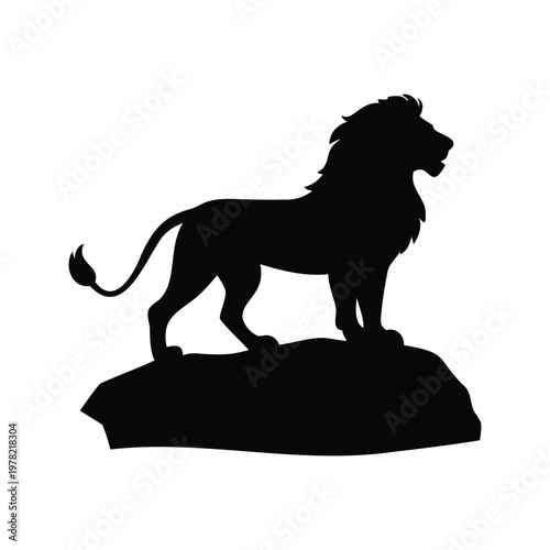 Silhouette of a majestic lion standing on a rock, vector illustration design, lion standing on rock silhouette vector illustration