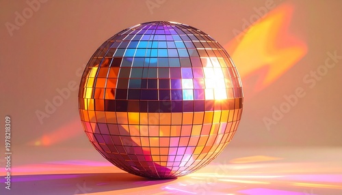 Reflective disco ball with mirror tiles illuminated by colorful lights, glowing orange, purple, pink, and yellow reflections on neutral background.
