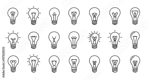 Collection of hand drawn style light bulbs in various designs and arrangements